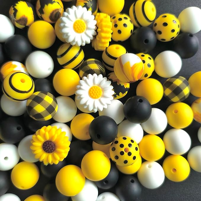 84Pcs Sunflower Silicone Beads Set 15mm Round Silicone Beads Bulk Yellow Black White Silicone Focal Beads Daisy Flower DIY Crafts Loose Spacer Beads for Pens Keychain Bracelet Necklace Lanyard Making