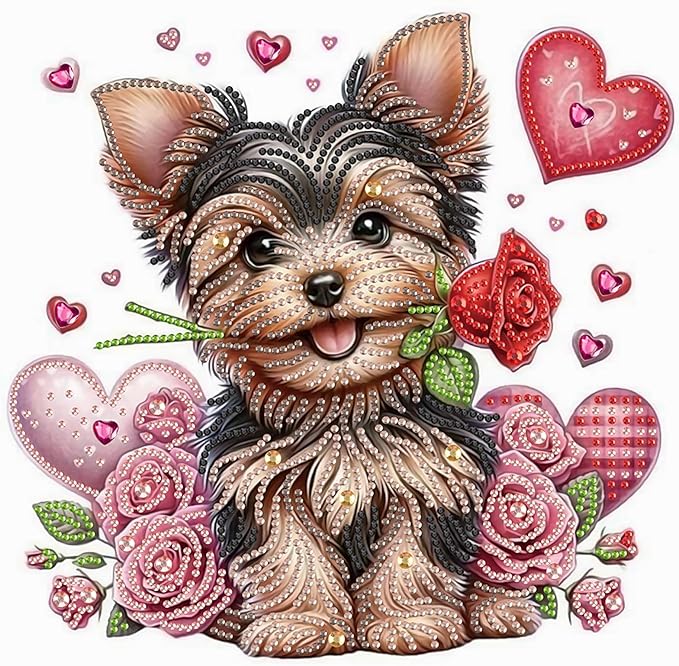 AiYuanzsh 5D Special Shape Diamond Art Kits for Adults, Valentine Puppy Diamond Painting Kit with Hearts and Roses, Crystal Rhinestone Diamond Art for Wall Decor Gift, 12×12 Inch