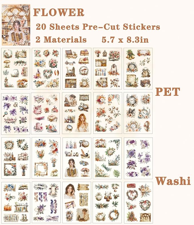Stickers for Journaling, 20 Sheets Flower Junk Journal Sticker, PET Washi Materials Scrapbooking Supplies for Adults, People Women Planner Decorative Art Crafts