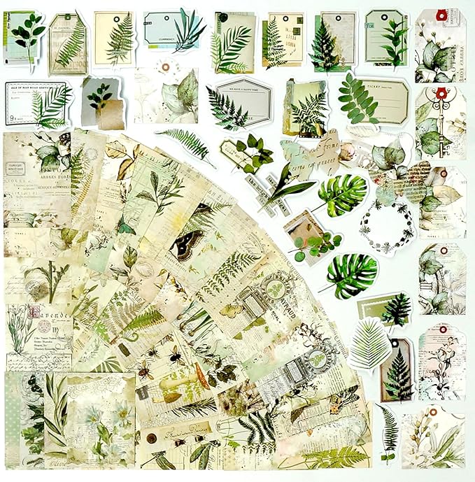 200 Pcs Vintage Ephemera Bundle Junk Journal Kit Scrapbook Supplies Paper Sticker Material Pack Scrapbooking Kit for Art Journaling Bullet Journals Planners Collage Decoupage Crafter Gifts(Greenery)