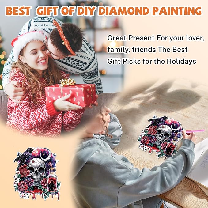 Bowetile Halloween Diamond Art Hanging Kits for Adults, Gothic Skull Diamond Art Suncatchers, 5D Special Shape Diamond Painting Pendant Window Ornament Gifts for Home Garden Door Wall Decor