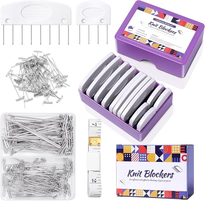 Opstin 130Pcs Knit Blocking Pins Kit for Knitting & Crochet Projects,20 Knit Blockers, Blocking Combs, Knitting Block Pins for Blocking Mats, Crochet Block Kit with 100 T-Pin and Storage Box