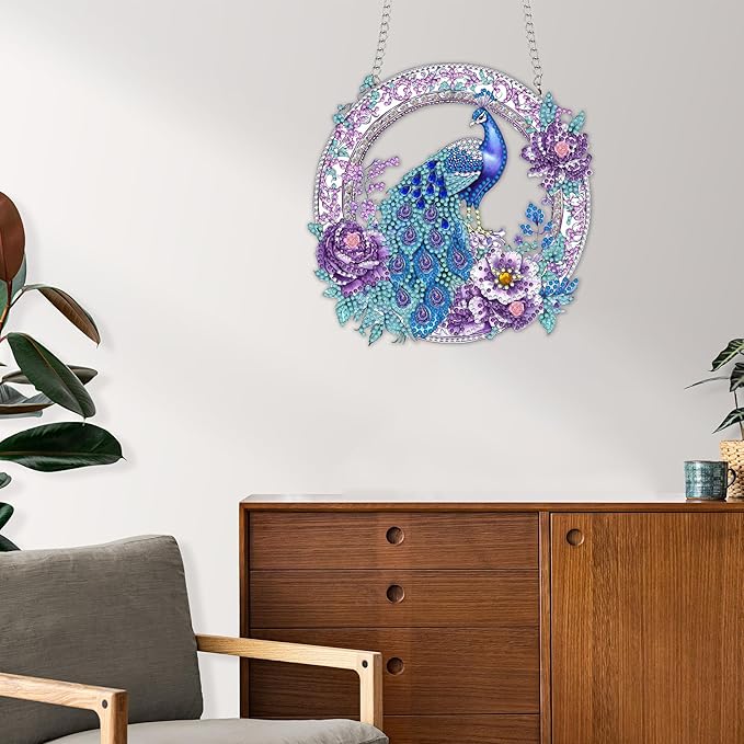 Reofrey Hanging Diamond Art Kits for Adults - 8x8 Inch Peacock Animal Acrylic Board Double Sided Pattern Diamond Art Suncatcher Pendant, DIY Crystal Art for Home Wall Window Decoration Handmade Gift