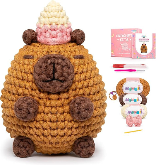 Mewaii Crochet Kit for Beginners Level 1 with 40% Extra Eco-Friendly Pre-Started Easy Yarn, Step-by-Step Video Tutorials for Adults and Kids (Happybara)