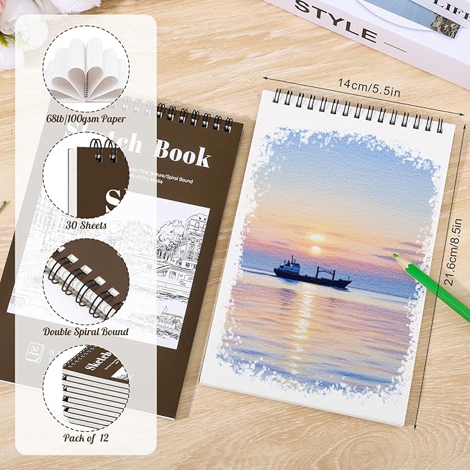 12 pack sketch book, 5.5 x 8.5 inch sketchbook, 68lb/100gsm top spiral bound sketch pad, acid free art supplies drawing painting sketching paper for kids, beginners, artists (tan)