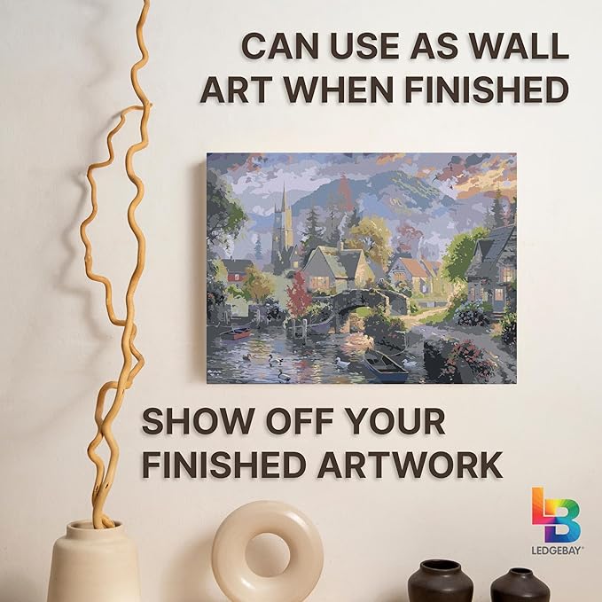 Ledgebay DIY Paint by Numbers Kit for Adults Framed Canvas: Beginner to Advanced Paint by Numbers Kit, Kits Include Acrylic Paint Set Brushes & Tabletop Easel (Mountain Village 12"x16" Framed)