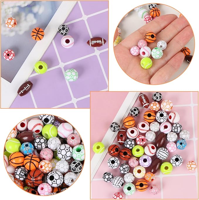 EVERMARKET 400 Pcs Sports Ball Beads for Jewelry Making, Acrylic Sports Beads Bulk, Baseball Basketball Soccer Volleyball Softball Football with Box for DIY Crafts Key Chains Bracelet