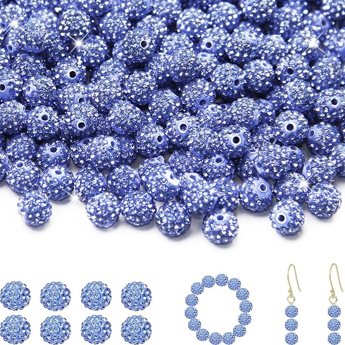 200 Pcs 10mm Rhinestone Beads for Jewelry Making, Blue Shiny Round Shamballa Disco Baseball Necklace Beads Sparkle Crystal Clay Pave Rhinestones Bead for DIY Bracelet Earring Craft Making Supplies