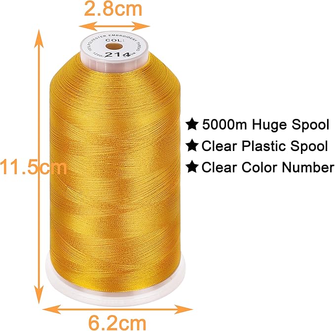 New brothread - Single Huge Spool 5000M Each Polyester Embroidery Machine Thread 40WT for Commercial and Domestic Machines - Deep Gold