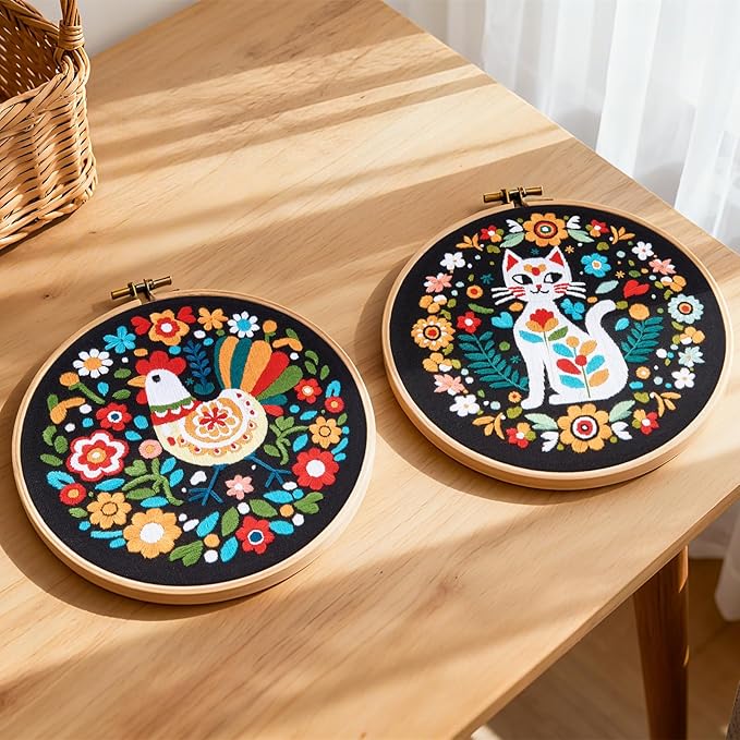 Animals Hand Embroidery Kits for Beginners Adults, Flowers Cat Embroidery Starter Kits, Cross Stitch Kits for Beginners Needlepoint DIY Kits for Adults, 2 Embroidery Hoops【Full-length Video Tutorial】