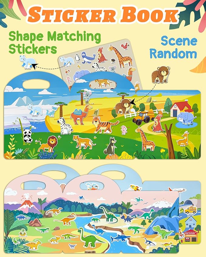 benresive reusable sticker books for toddlers, 3 sets travel stickers for kids, toddler sticker book, crafts activities for toddlers, 3 and up birthday gifts travel toys