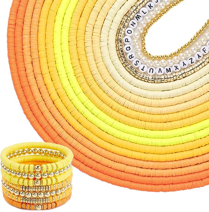 JMUQ 14 Strands Yellow Clay Beads Bracelet Making Kit, 5500 Flat Polymer Clay Heishi Beads for Friendship Bracelets Jewelry Making Kit with Letter Pearl Gold Spacer Beads for Women