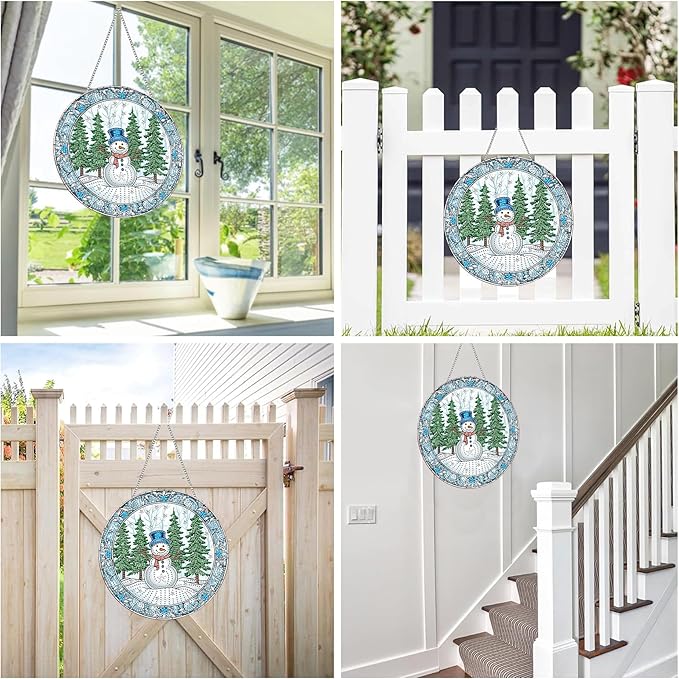 Reofrey Hanging Diamond Art Kits for Adults - 8x8 Inch Christmas Snowman Acrylic Board Double Sided Pattern Crystal Small Diamond Art Suncatcher Pendant, for Home Wall Window Decoration Handmade Gift