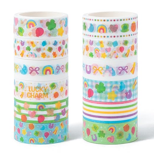 Lucky Pattern Washi Tape - 12 Rolls Lucky Marshmallow Shamrock Rainbow Pot of Gold Horseshoe Scrapbook Washi Decorative Tape Set School Office Scrapbooking Junk Journal Supplies DIY Craft