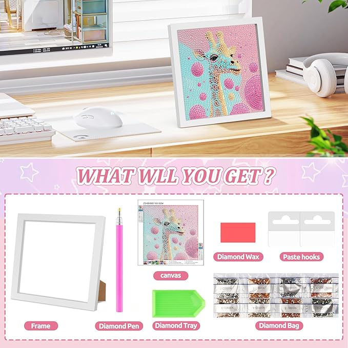 SENQAO Giraffe Diamond Art Kit for Adults with Frame Art and Crafts for Adults Ages 6-8 -10-12 Easy to DIY Diamond Art for Adults and Adult Beginners Home Wall Decoration 7.1x7.1inch