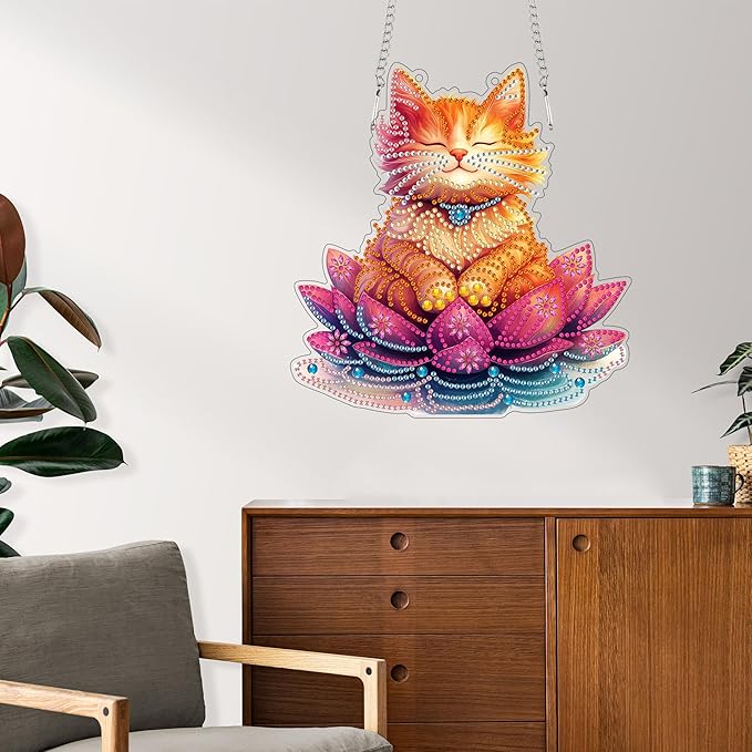 Reofrey Hanging Diamond Art Kits for Adults - 8x8 Inch Cat Acrylic Board Double Sided Pattern Diamond Art Suncatcher Pendant, DIY Crystal Art for Home Wall or Window Decoration Handmade Gift