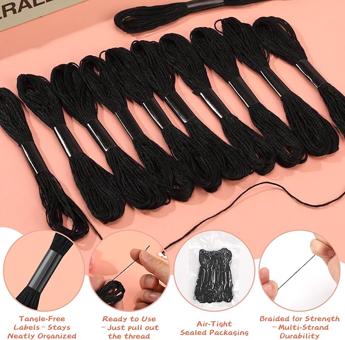 14 Skeins Black Embroidery Thread: Embroidery Floss 120 Yards Friendship Bracelet String Cross Stitch Cotton Yarn for DIY Bracelet Making
