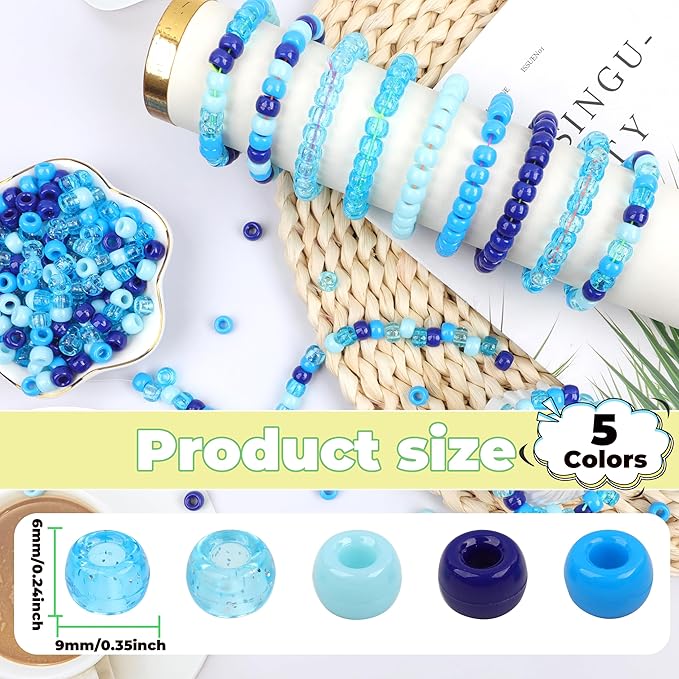 Blue Pony Beads for Bracelet 1000 Pcs Friendship Bracelets Beads 6x9mm Plastic Beads for Hair Braiding Transparent Glittering Beads for Necklace Earrings Jewelry Making (5 Blue Series)