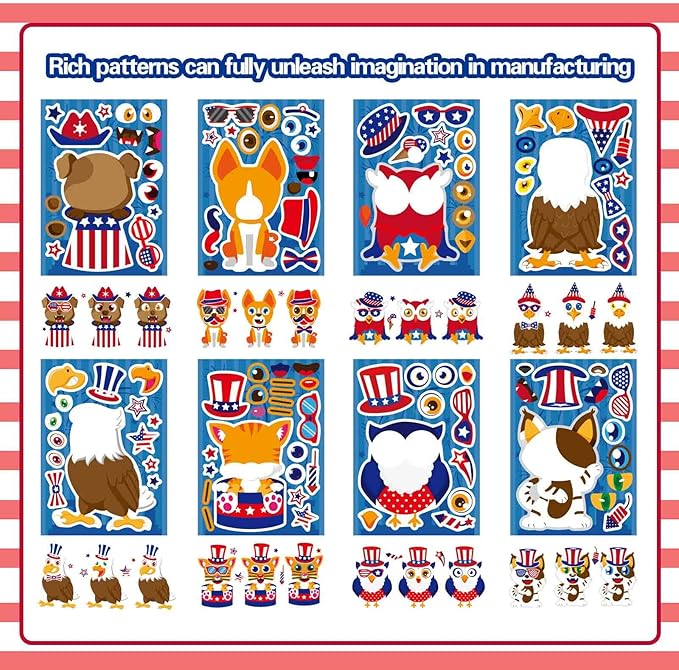 4th of july & independence day make-a-face stickers, patriotic crafts & decorations