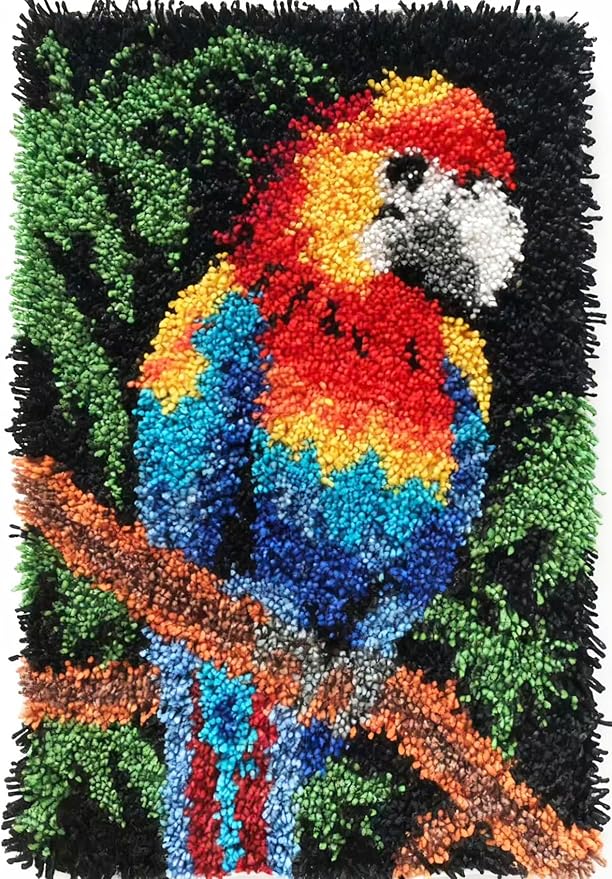 KitsMaster Tropical Parrot Paradise Latch Hook Kit, Bright Macaw Rug Craft for Adults & Beginners, Wall Hanging Craft Kit with Pre-Printed Canvas, Color-Coded Yarn, 23.6''x15.8'' (Tropical Parrot)