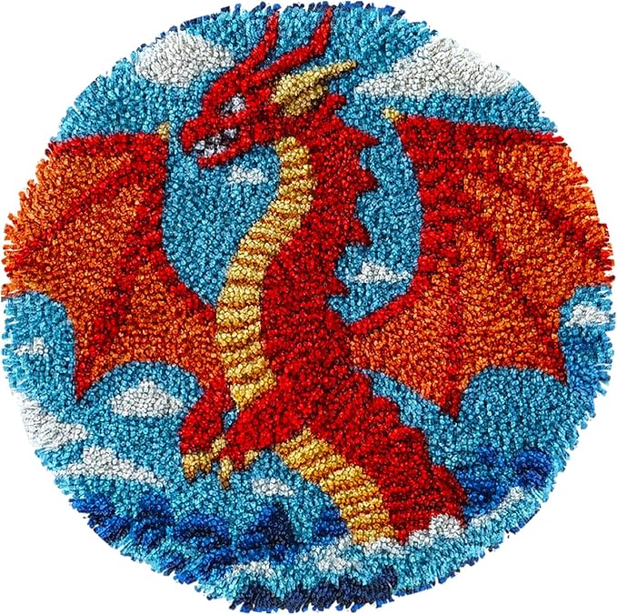 Latch Hook Rug Kit Red Dragon Easy for Beginners Round Shape Carpet Crochet Yarn Craft Mini Rug DIY Hook and Latch Little Tapestry for Home Decor 30x30cm