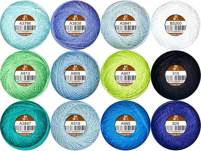 Double Mercerized Egyptian Long Staple Cotton Pearl Thread Ball 10 Grams Rainbow Color Embroidery Thread 12 Colors per Box for Crochet Hardanger Cross Stitch Hand Embroidery,Bluegreen Series