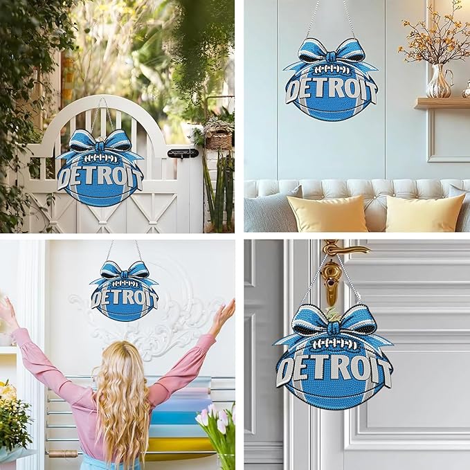 Rertcioph Football Diamond Art Hanging Kit for Adults, DIY Acrylic 5D Diamond Painting Hanging Ornament for Detroit Home Wall Decor and Gift