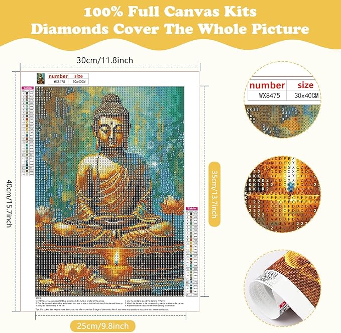 SENQAO Buddha Diamond Painting Kits for Adults, 5D Buddhism Inspirational Full Drill Diamond Art Kits, Lotus DIY Round Full Drill Gem Art and Crafts for Home Wall Decor 12x16inch