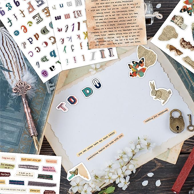 Doraking 38 Sheets Vintage Letter Washi Stickers and Scrapbook Papers for Journaling, Pre-Cut Aesthetic Washi Stickers Material Paper for Scrapbooking Junk Journal Supplies DIY Crafts Arts