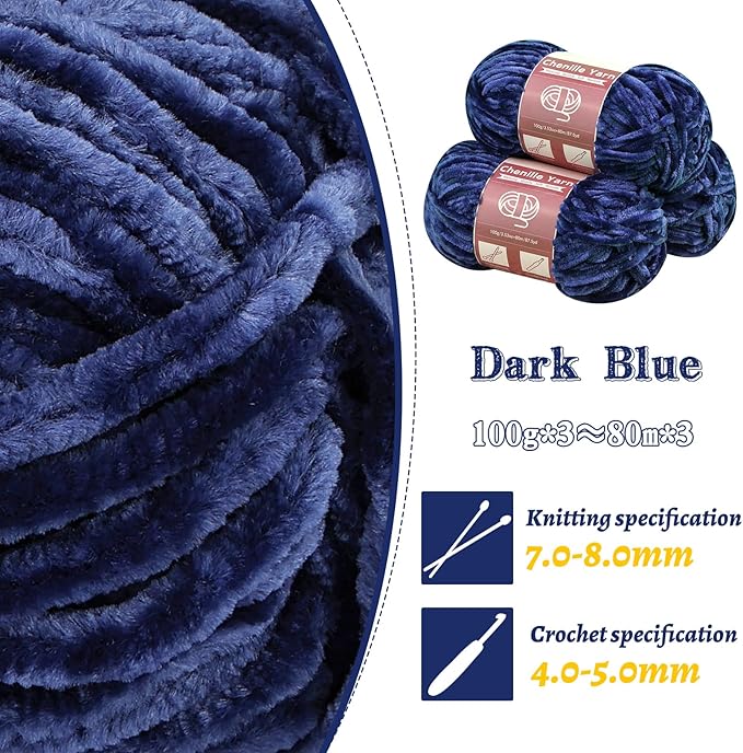 LUNARM Chenille Yarn for Crocheting Knitting, 3 Skein 263 Yard Thick Soft Chunky Fluffy Weaving Plush Yarn for Blankets Clothes Pattern Creations with Big Eye Needles (Dark Blue)