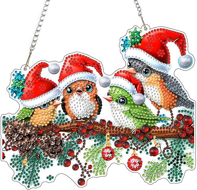 QENSPE DIY Hanging Diamond Painting Pendant Kit Berries,Christmas Birds Diamond Art Ornament Kit Acrylic Board for Window,Easy Crystal Pendant Gem Art for Home Garden Wall Decor,20x20cm