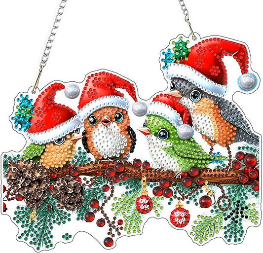 QENSPE DIY Hanging Diamond Painting Pendant Kit Berries,Christmas Birds Diamond Art Ornament Kit Acrylic Board for Window,Easy Crystal Pendant Gem Art for Home Garden Wall Decor,20x20cm