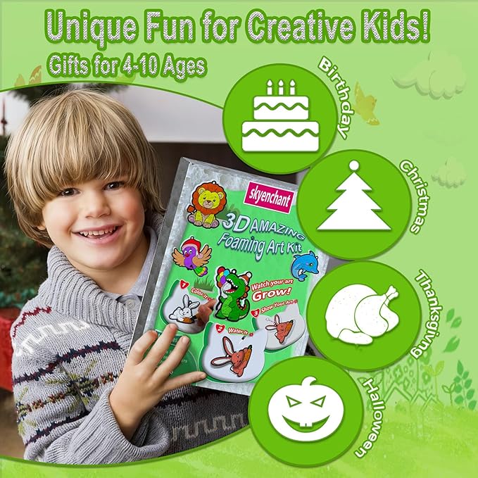 skyenchant aqua 3d foaming art kit for kids, paint by number craft with inflatable animals, creative gift for girls & boys ages 4-10, christmas birthday stocking stuffer (animal friends)