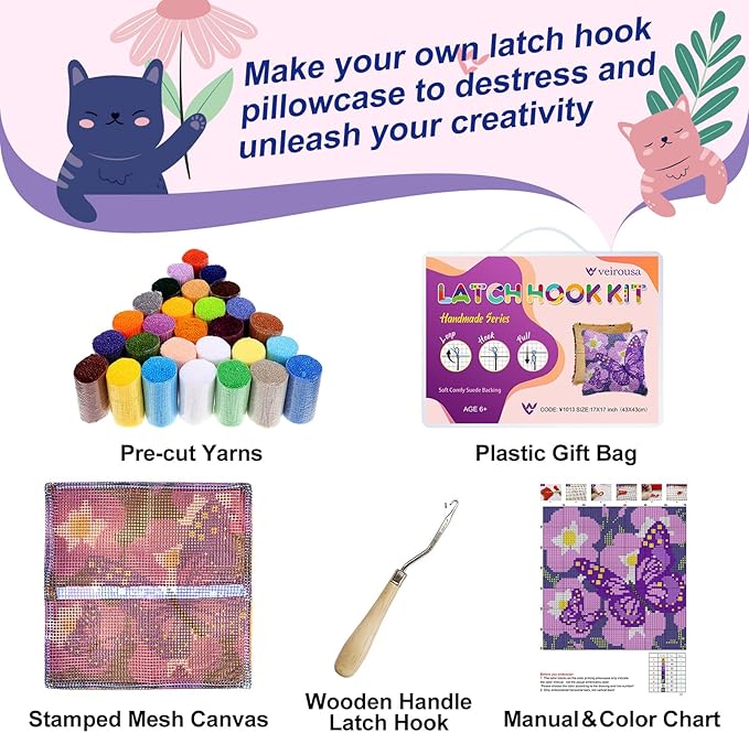 veirousa Butterfly Floral Latch Hook Kits for Adults Beginners DIY Crochet Pillow Kit Pre-Printed Pillowcase Hook and Latch Rug Kits Needlework Cushion Cover for Home Sofa Decoration 17x17 in.