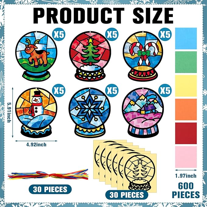 30 Pcs Christmas Snow Globe Suncatchers Paper Craft Set Snow Globe DIY Stained Glass Effect Tissue Paper Kits Gift Bulk for Xmas Classroom Activities Art Party Decor