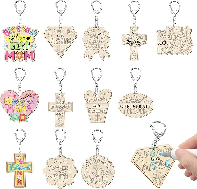 Trnayi 36 Pcs Mother's Day Crafts Color Your Own Religious Mother's Day Keychains DIY Unfinished Wooden Blessed Mom Keychains for Mom Sunday School Christian Party Home Activities Gifts