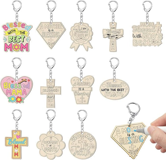 Trnayi 36 Pcs Mother's Day Crafts Color Your Own Religious Mother's Day Keychains DIY Unfinished Wooden Blessed Mom Keychains for Mom Sunday School Christian Party Home Activities Gifts