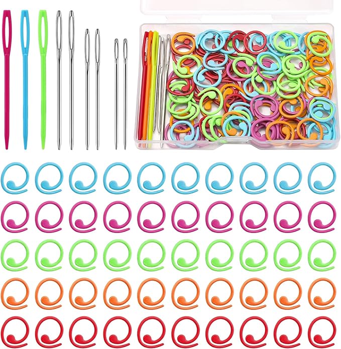 Lokunn 100 Pcs Metal Stitch Markers, 5 Color Helical-Shaped Crochet Markers Ring, 9 Pcs Large Eye Blunt Sewing Needles with Storage Box for DIY and Craft Sewing