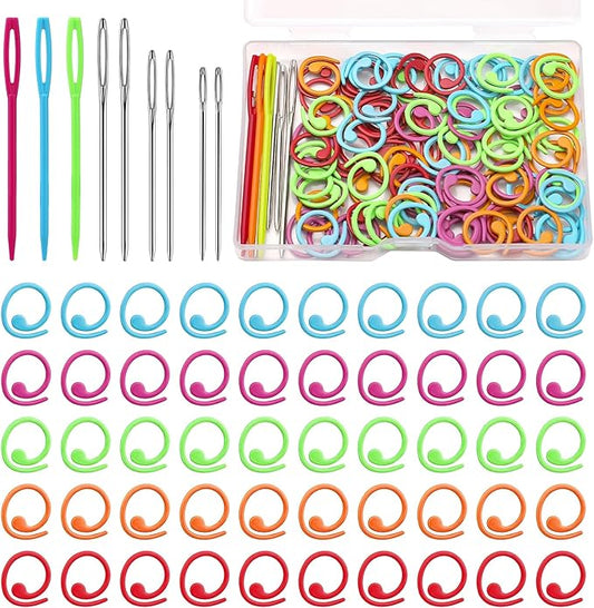 Lokunn 100 Pcs Metal Stitch Markers, 5 Color Helical-Shaped Crochet Markers Ring, 9 Pcs Large Eye Blunt Sewing Needles with Storage Box for DIY and Craft Sewing