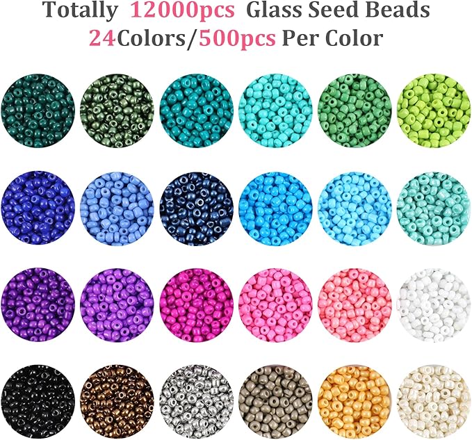 Miss Rabbit 13000pcs 3mm Glass Seed Beads 24 Colors Small Craft Beads Small Beads for DIY Bracelet Necklace Ring Craft Jewelry Making, with Scissor and Two Clear Bracelet String (540pcs per Color