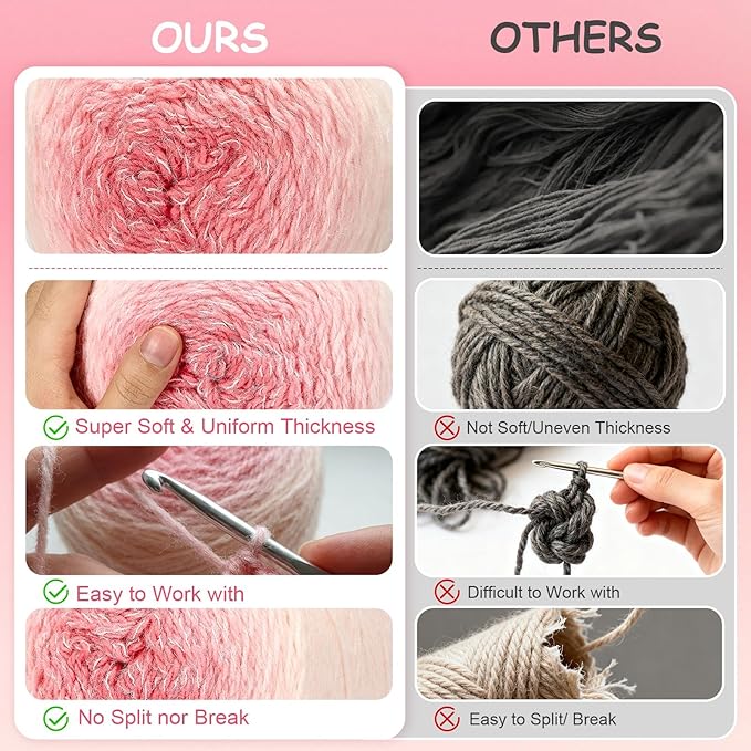 3 Pack Ombre Yarn for Crocheting, 80g/2.65oz Fluffy Soft Acrylic Gradient Yarn Cakes, #4mm Hook, Large Cloud Feel Yarn for Beginner Knitting, Star Blanket, Scarf, Shawl Garment DIY Crafts (Pink)