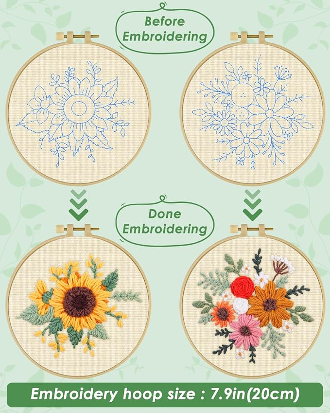 ERKOON Punch Needle Kit Adults Beginners, 2 Pcs DIY Easy Flower Embroidery Set for Starter Art Craft, Needling Punching Project with Patterns, Tools, Yarns, Hoop, Instruction (Colorful Flowers)