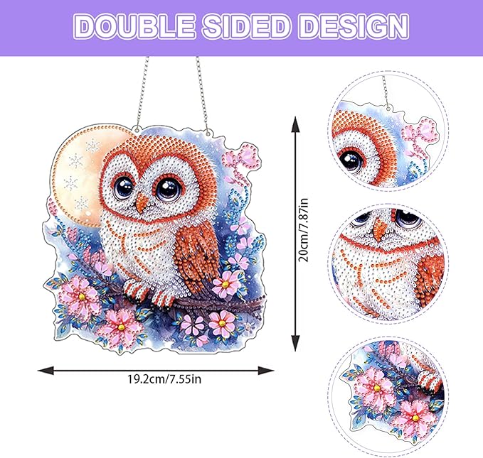 Lxmsja DIY Adorable Owl Diamond Painting Hanging Ornament, Double-Sided Acrylic Moon Flowers Diamond Art Kit, Special Shaped Suncatcher Hanging Pendant Window Art Kit 8x8 inch