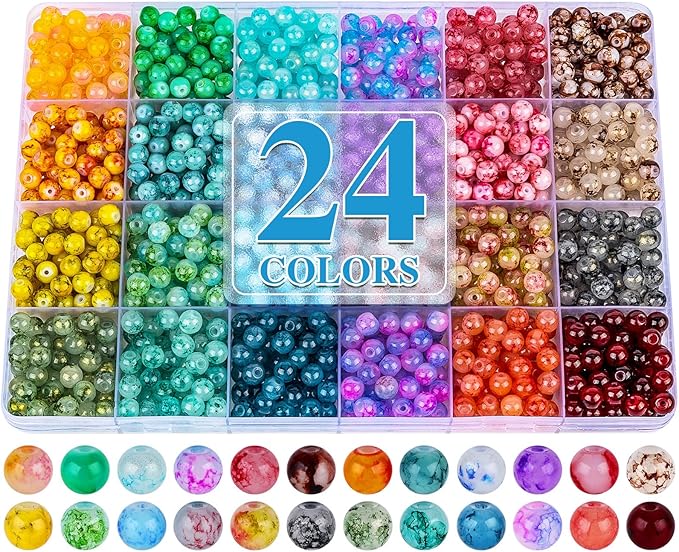 XSEINO About 1200+ PCS 6mm Ink Style Glass Beads Bracelet Making Kit, 24 Assorted Ink Colorful Series Crystal Beads for Jewelry Making and DIY Crafts, Friendship Bracelets