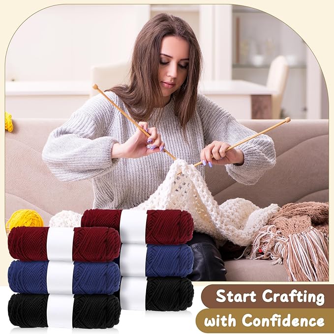 Syhood Knitting Kits for Beginners Adults Hat Knit Kit with Yarn, Bamboo Needles, Faux Pom Practical and Easy to Use Complete Beginners for Women and Men Lovely Present (Black, Burgundy, Navy Blue)