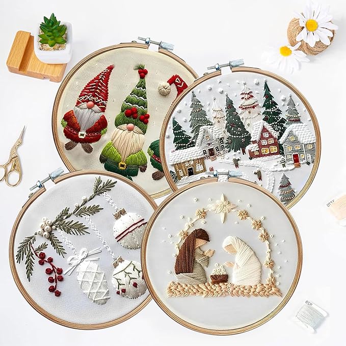 LB Christmas Embroidery Kit for Beginners: 4-Piece Cross Stitch Set with Green Plant, White Snowflake & Gnomes | Adults DIY Starter Kit Includes Hoop, Threads and Tools