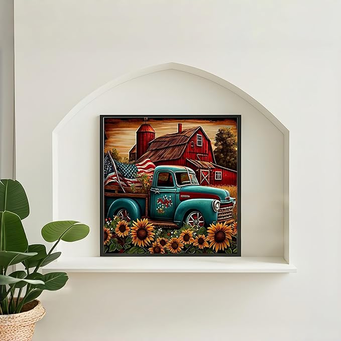 Diamond Art Kits for Adults Truck, DIY 5D Diamond Painting Kit for Beginners Farm, Sunflower Full Round Drill Gem Art Dots for Adults, Diamond Dots Paintings Crafts Home Wall Decor 14X14 Inch