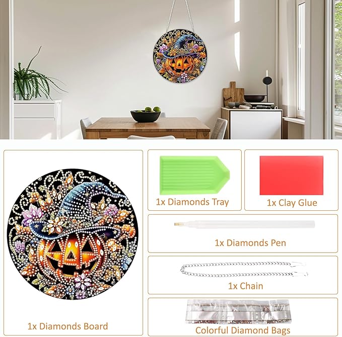 SENQAO Scary Pumpkin Diamond Art Hanging Kits for Adults, Acrylic Diamonds Painting Pendant Board Kit Halloween, Diamond Art Painting Window Pendants Home Garden Wall Hanging Kits Hanging Ornament