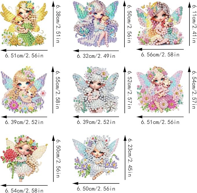 Masendp 8 Pieces 5D DIY Diamond Art Painting Keyring, Angel Fairy Double Sided Diamond Keychain, Mosaic Paste Painting Keychain, Diamond Art Pendant Jewelry Wallet Bag Decoration