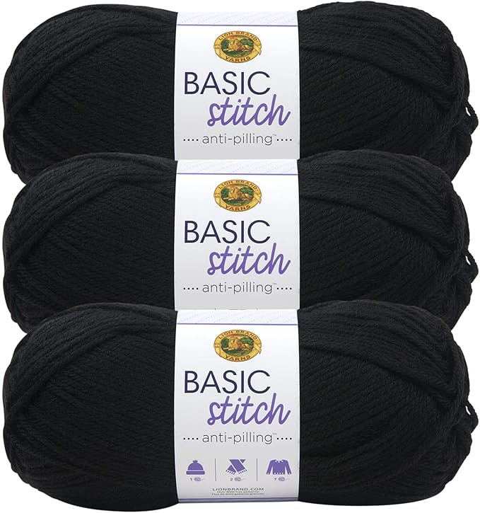 Lion Brand Yarn Basic Stitch Anti-Pilling Yarn for Crocheting, Knitting, and Crafts, Black, 3 Pack